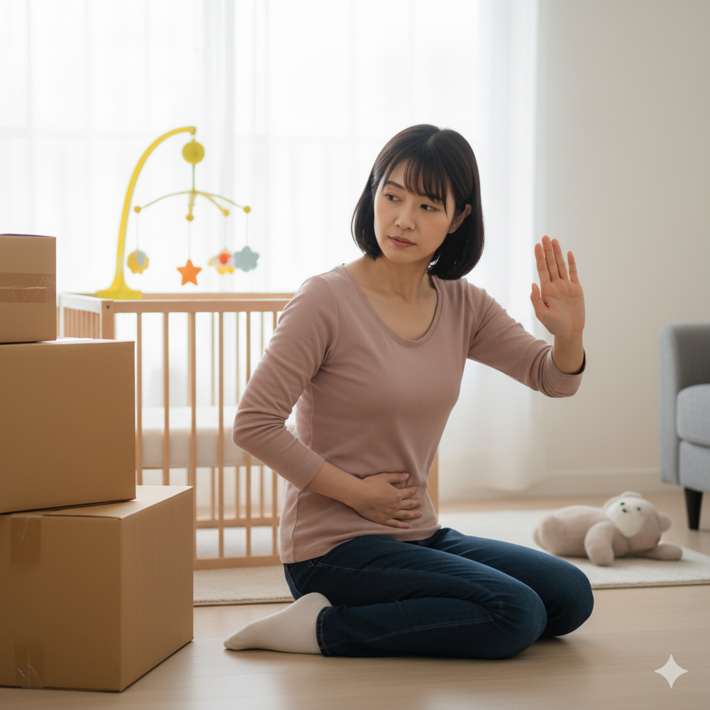 帝王切開後の産後ダイエットで重い荷物を避けて体を守る日本人ママの様子
