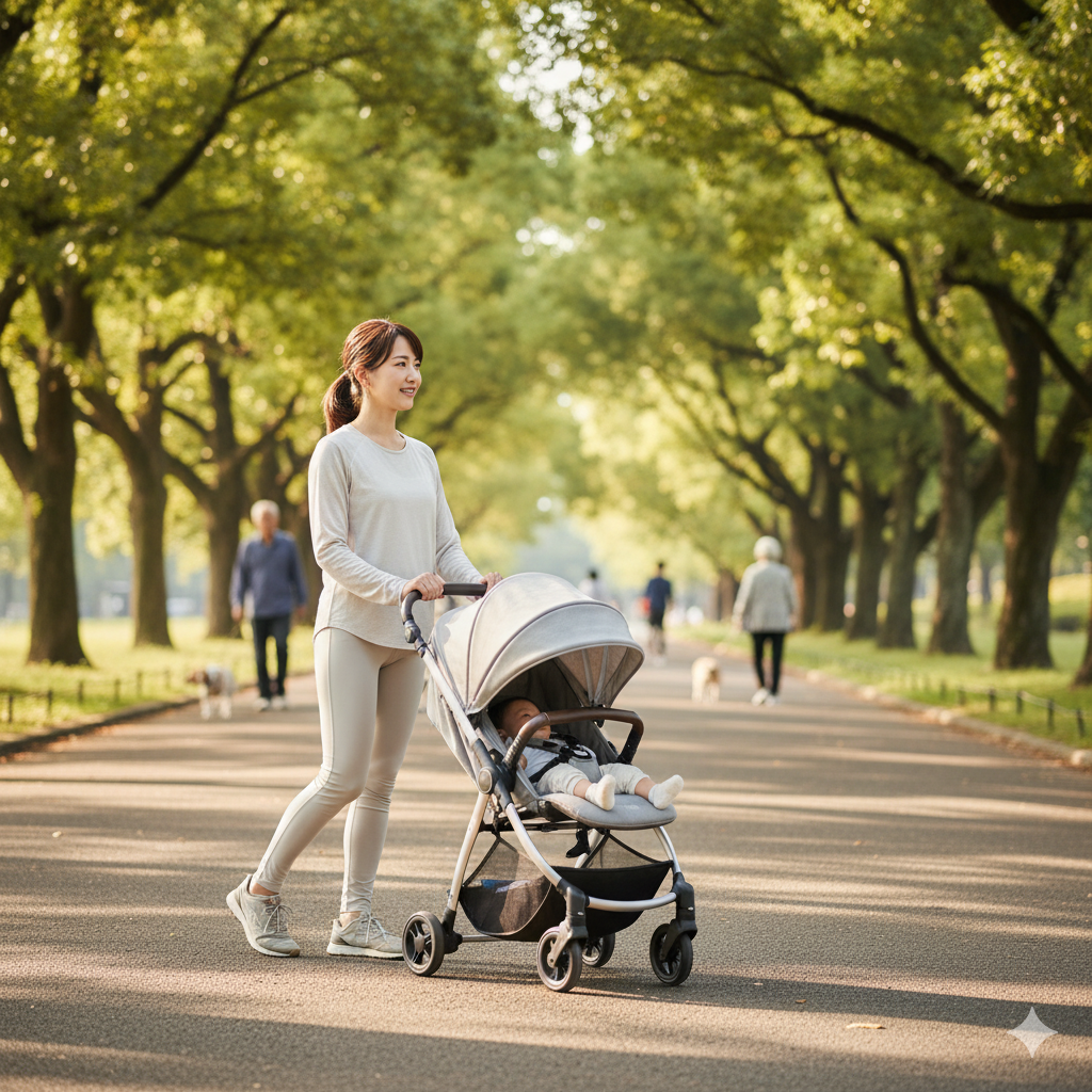 ベビーカーを押して公園を歩く産後2〜3ヶ月の日本人ママ。リラックスした表情で軽い運動を楽しんでいる様子。