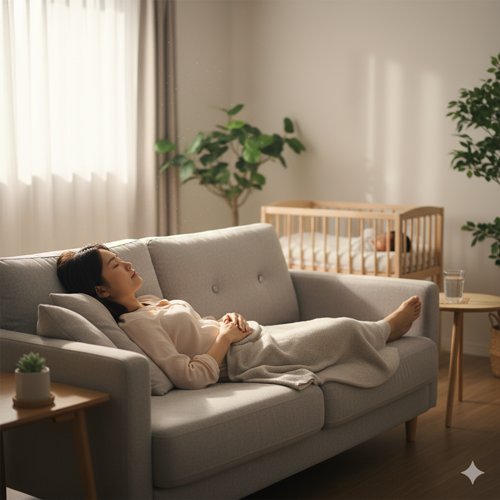 赤ちゃんを寝かせた後、リビングで横になって深呼吸をする産後の日本人ママ。自然光が差し込み、リラックスした雰囲気で休養を優先している様子。