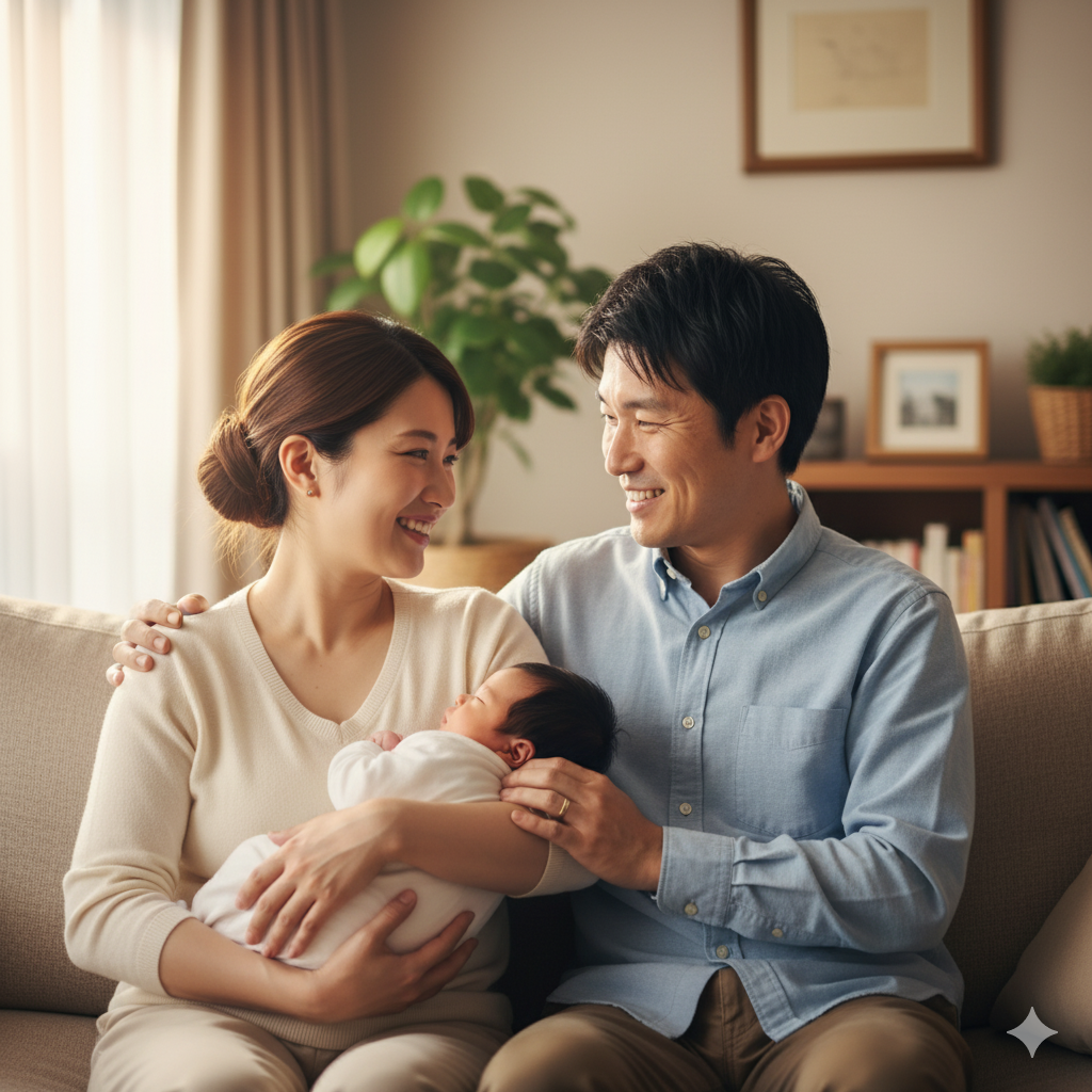 赤ちゃんを抱きながら笑顔で会話する産後の女性とパートナー