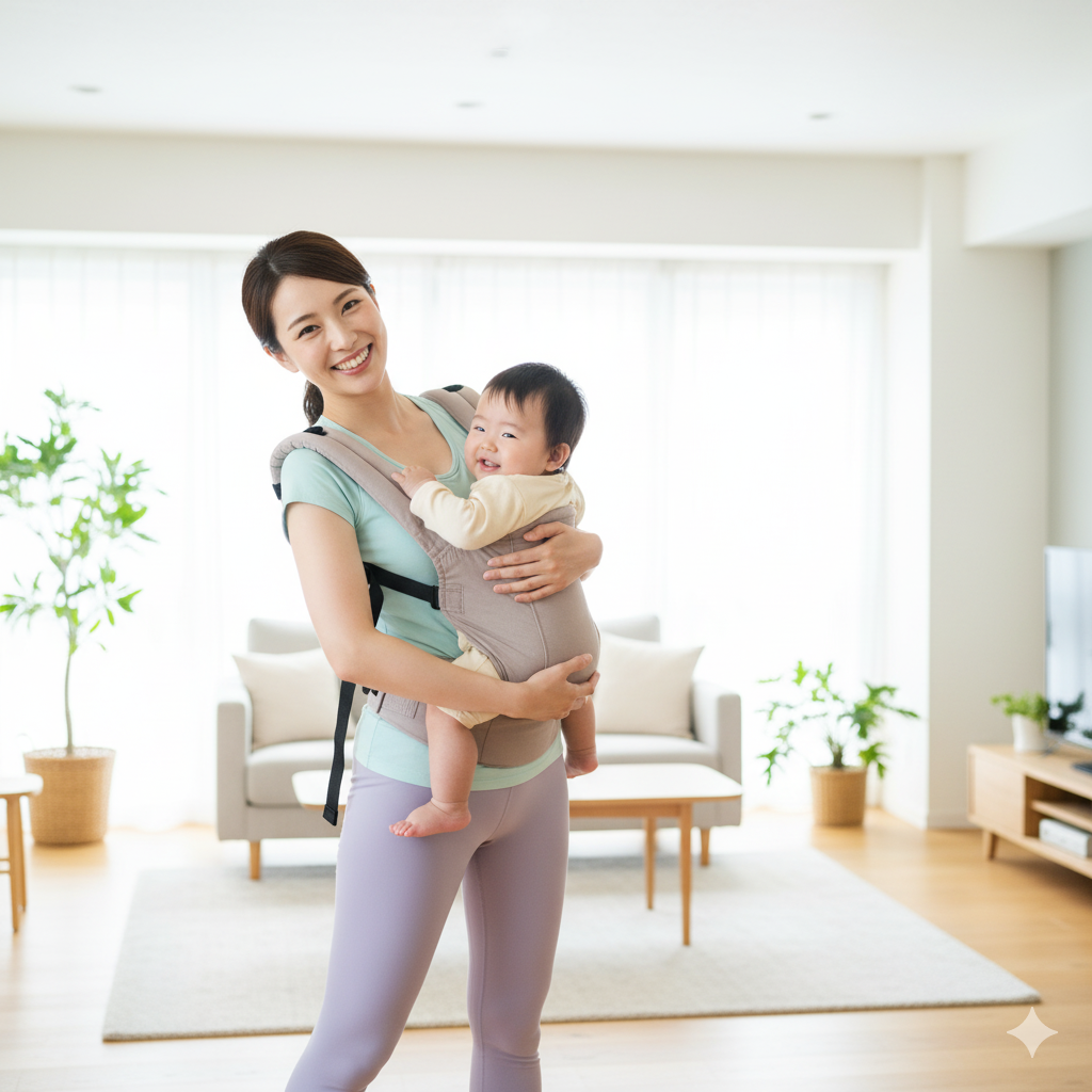 産後 痩せる 人と痩せ ない 人 の違いをイメージした、赤ちゃんを抱っこしながら笑顔でストレッチするママの写真
