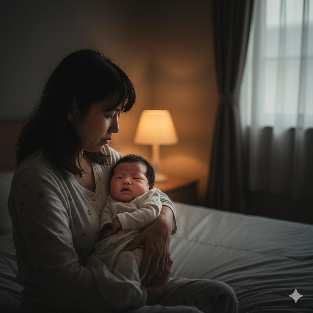 夜泣きでぐずる赤ちゃんを抱いて寝かしつけようとするママ