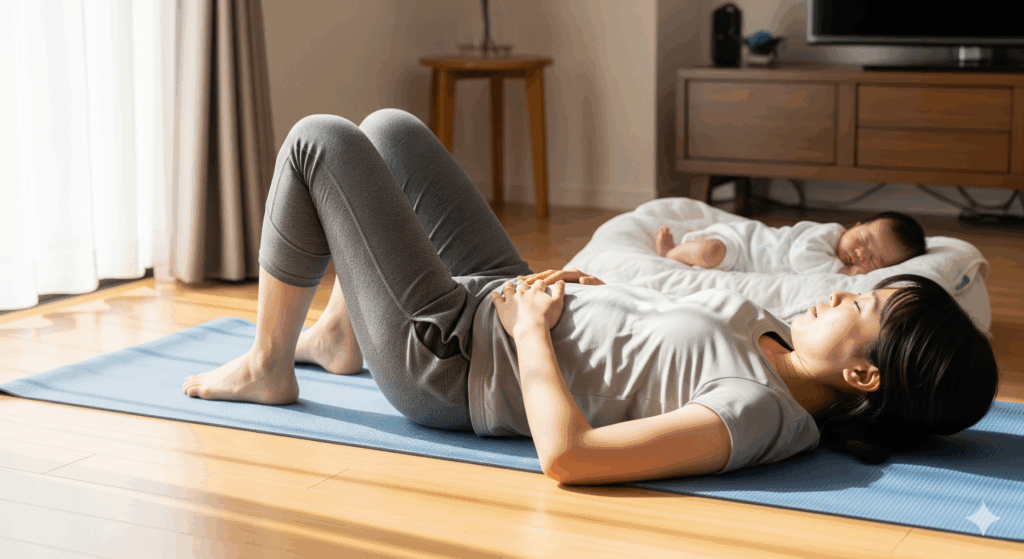 帝王切開後にドローイン運動をしてお腹の回復を目指す産後ママ
