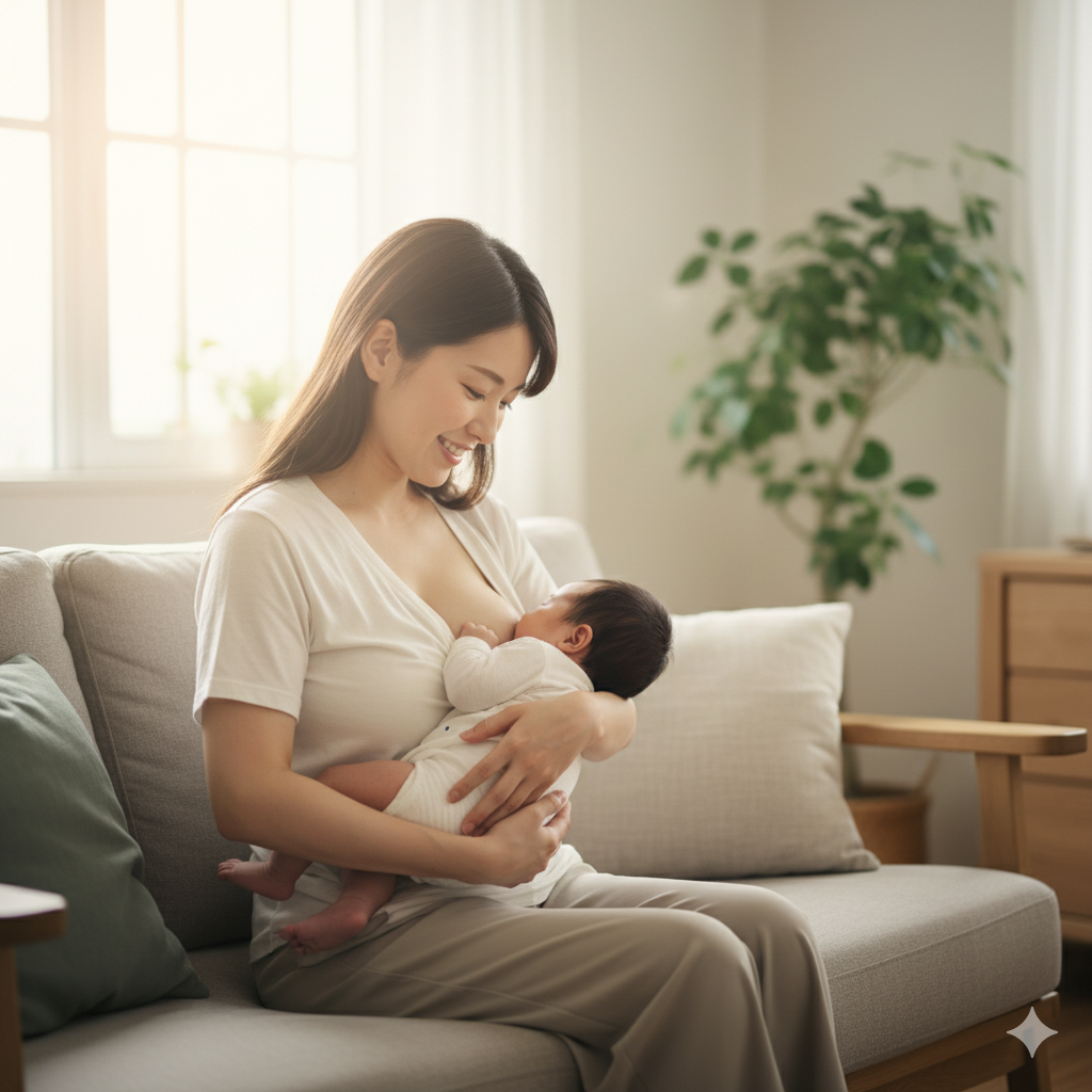 帝王切開後の産後ママが正しい姿勢で授乳している様子
