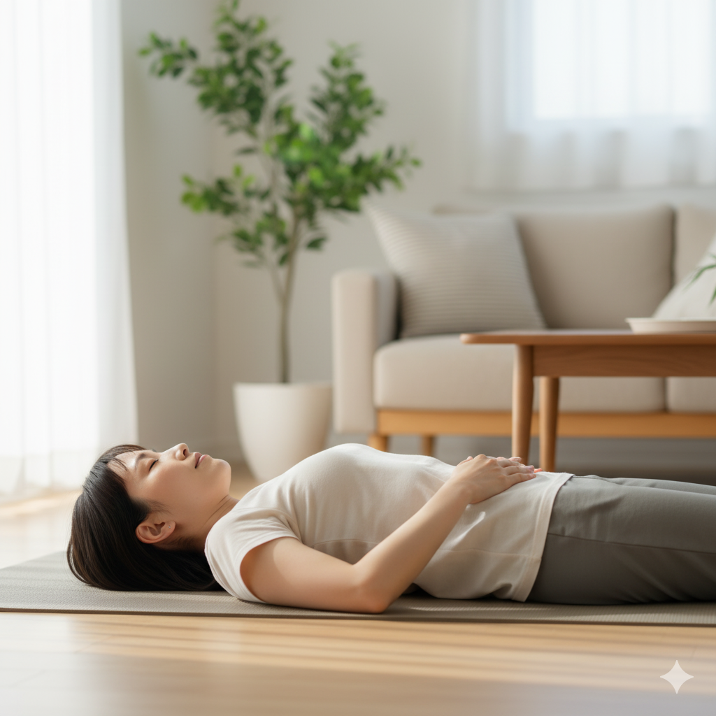 帝王切開後の運動 再開に向けて、産後ママがヨガマットで腹式呼吸を行っている様子