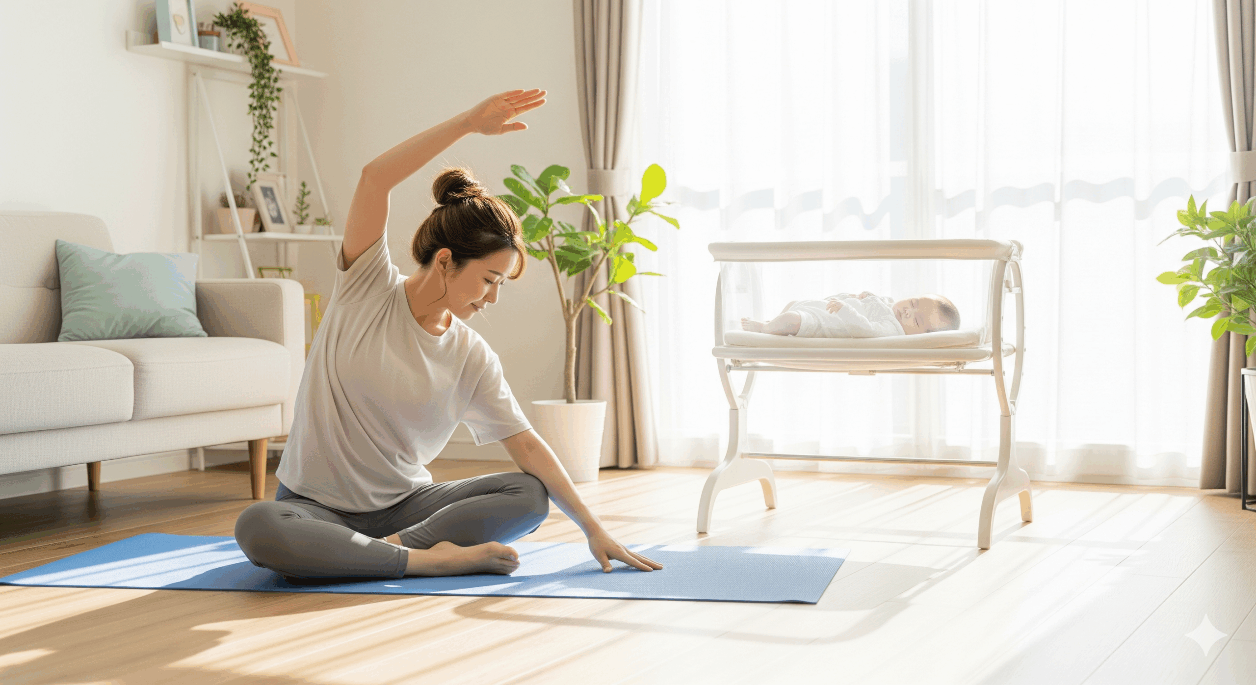 産後のダイエットでマイナス10キロを目指すママが、赤ちゃんのそばでストレッチをしている様子