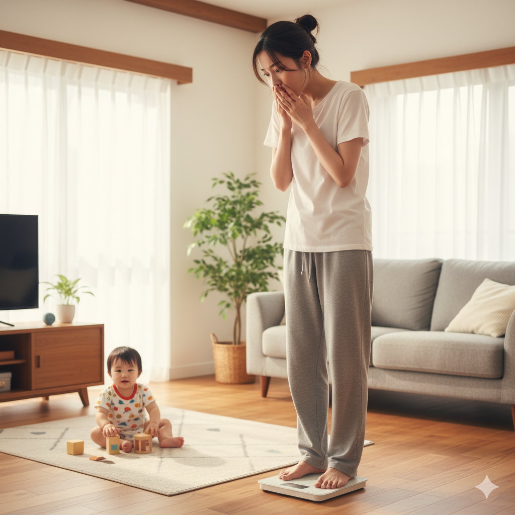産後のママが体重計に乗って驚いた表情をするイメージ写真