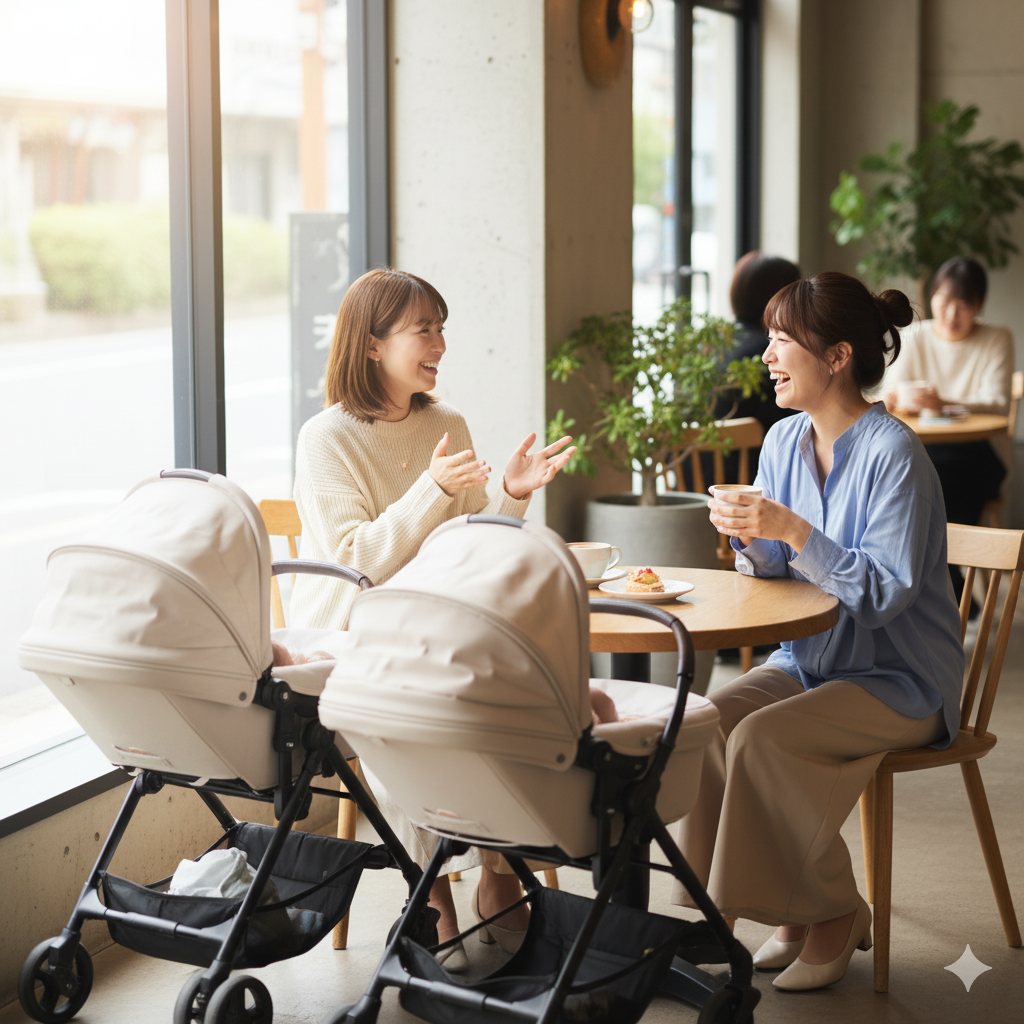 カフェで笑顔で会話する2人の日本人ママ。ベビーカーをそばに置き、子育てや産後ダイエットについて語り合っている様子。