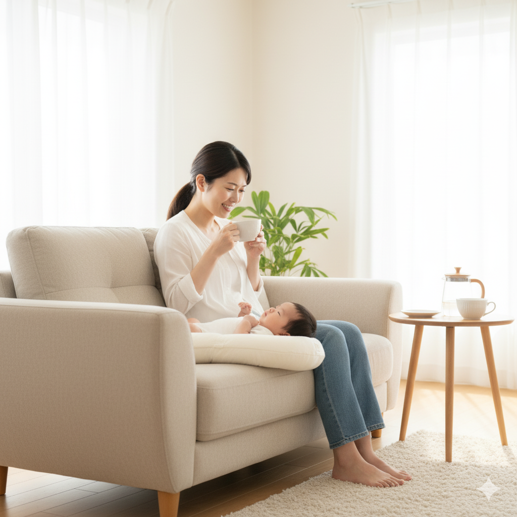 母乳で痩せないと悩むママが生活習慣を整え、水分補給をしながら赤ちゃんと過ごす様子
