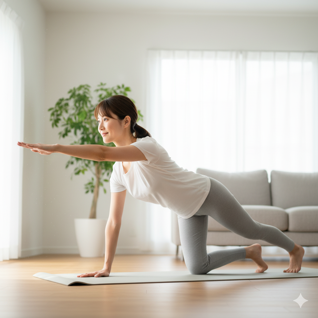 帝王切開後の運動 再開に向けて、産後ママが四つんばいでバードドッグ運動をしている様子