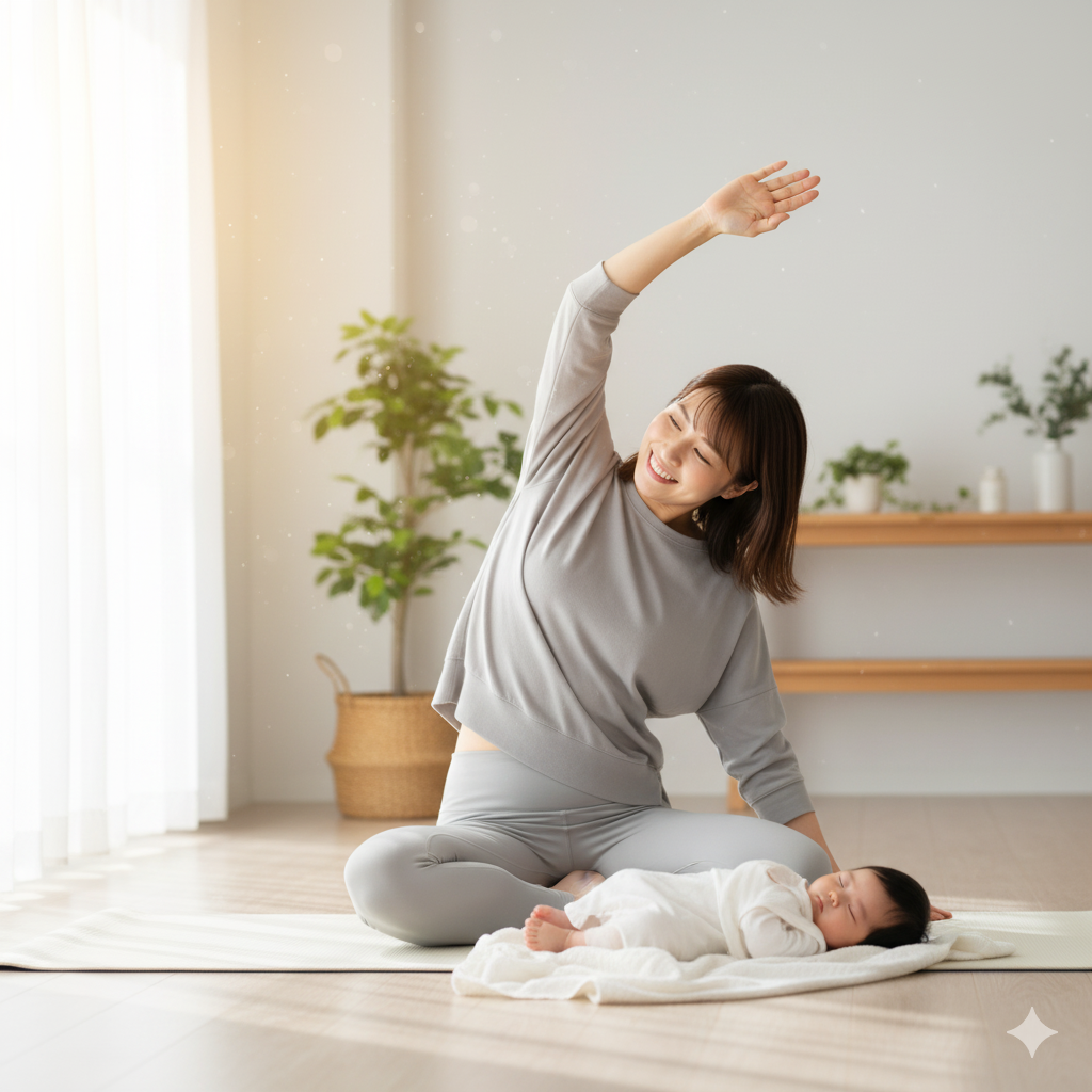 赤ちゃんの隣でヨガマットに座りストレッチをする産後の女性