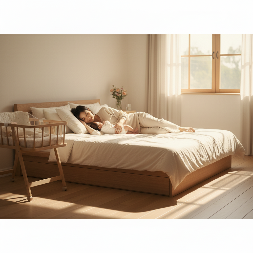 帝王切開後の産褥期に安静に過ごしながら赤ちゃんを見守る日本人ママの様子
