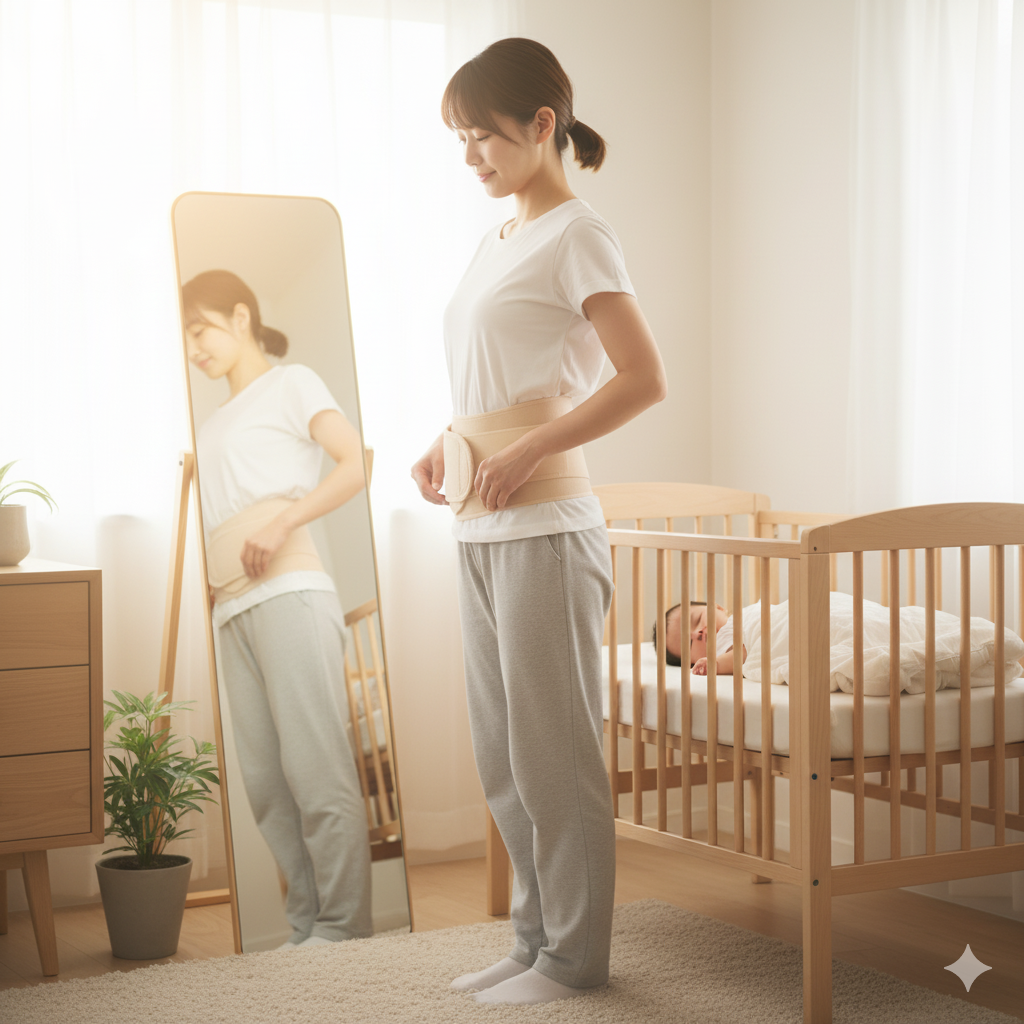 産後ママが骨盤サポートベルトを装着して体型ケアをしている様子