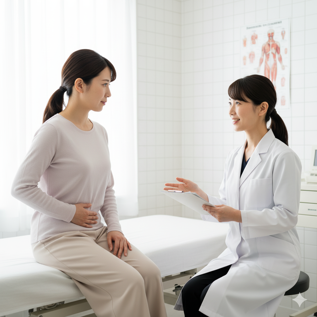 帝王切開後の運動再開の前に、産後ママが医師に相談して説明を受けている様子