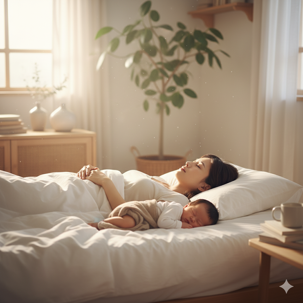 産後1か月までのママが休養と回復を優先して赤ちゃんと安らいでいる様子