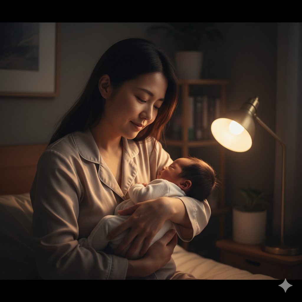 夜中に赤ちゃんを抱きながら眠そうな表情をする産後の女性