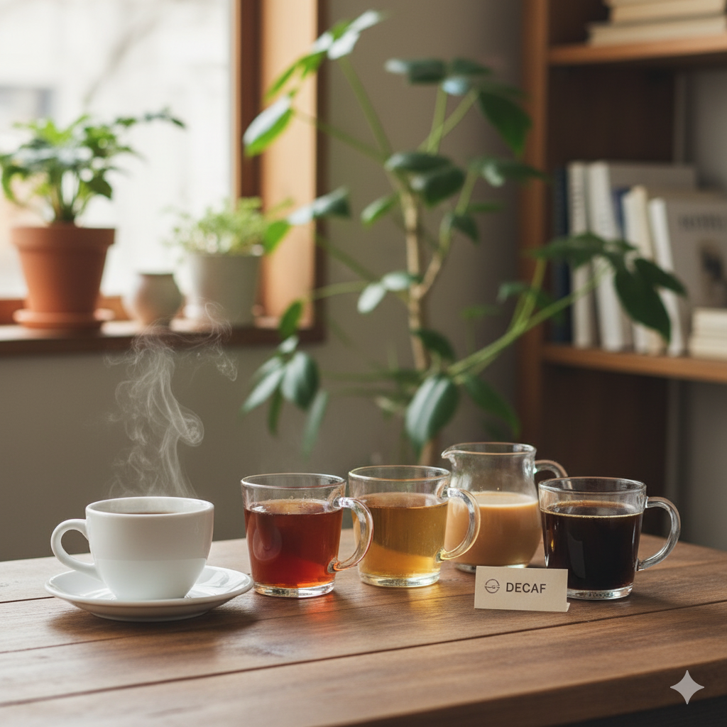 コーヒーとルイボスティーや麦茶などのノンカフェイン飲料が並んでいる様子
