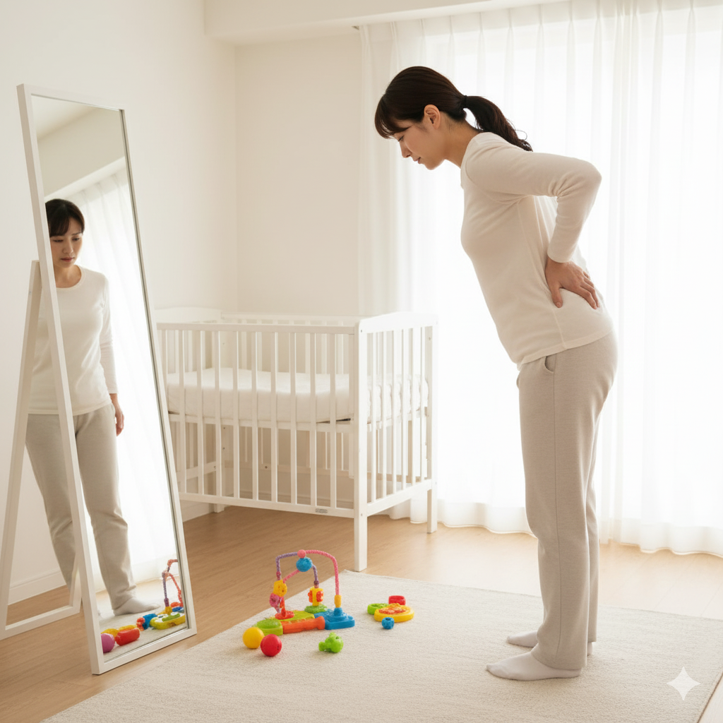猫背になって背中をさする産後の女性が、鏡の前で自分の姿勢を見直している様子。