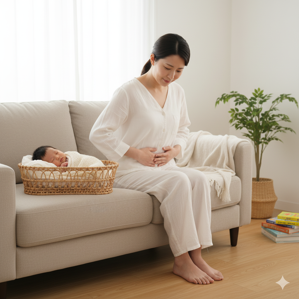 産後のママがリビングで骨盤底筋トレーニングを行う様子。赤ちゃんを見守りながらリラックスして体を整える姿。