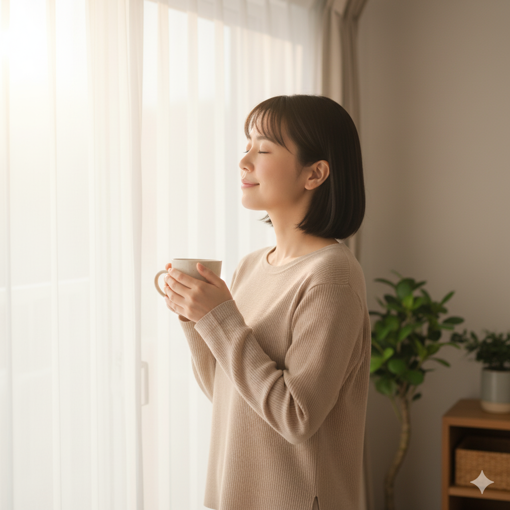 産後のママが窓際で深呼吸し、心を落ち着けている様子。柔らかな光に包まれた穏やかなシーン。