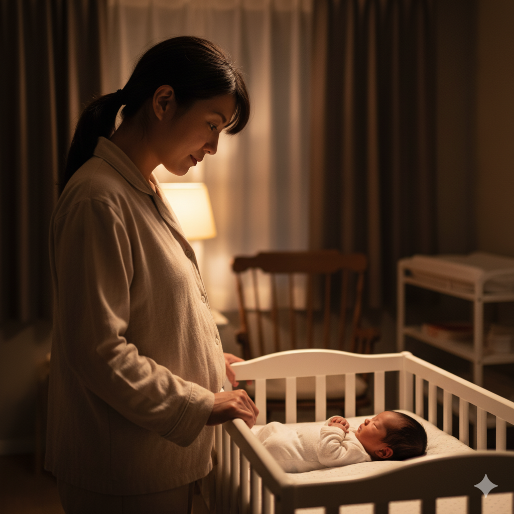 産後の日本人女性が夜の授乳後に赤ちゃんを見つめる様子。静かな部屋に柔らかな光が差し、母の優しさが伝わる。