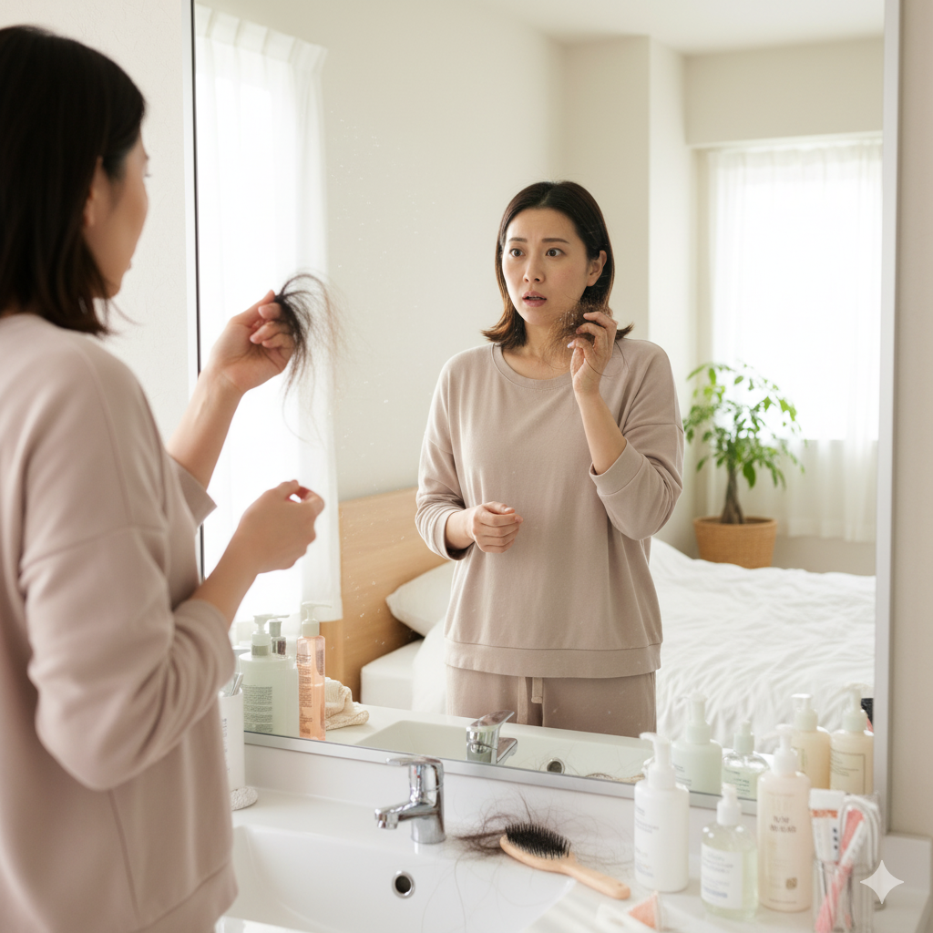 鏡の前で産後の抜け毛に悩む日本人女性