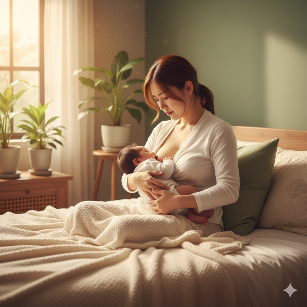 授乳中の母親が赤ちゃんを抱きながらお腹の痛みを感じている様子。後陣痛の原因となるオキシトシン分泌をイメージしたリアルな写真。