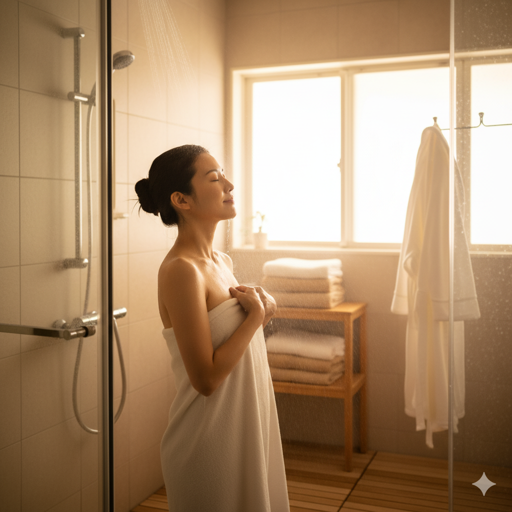 産後の日本人女性がぬるめのシャワーを浴びてリラックスしている様子。清潔で温かみのあるバスルームで、安全に入浴しているイメージ。