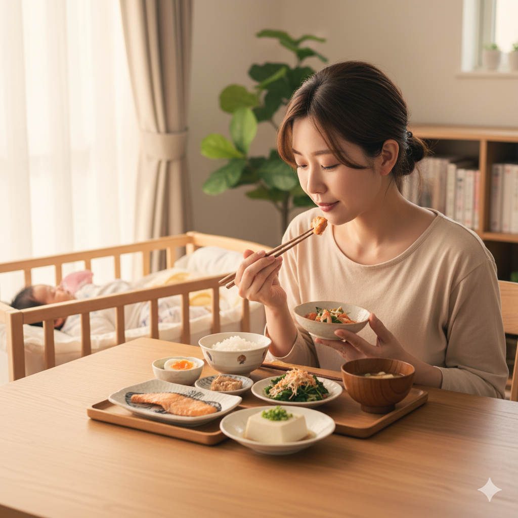 産後のママが栄養バランスの良い食事をとっている様子