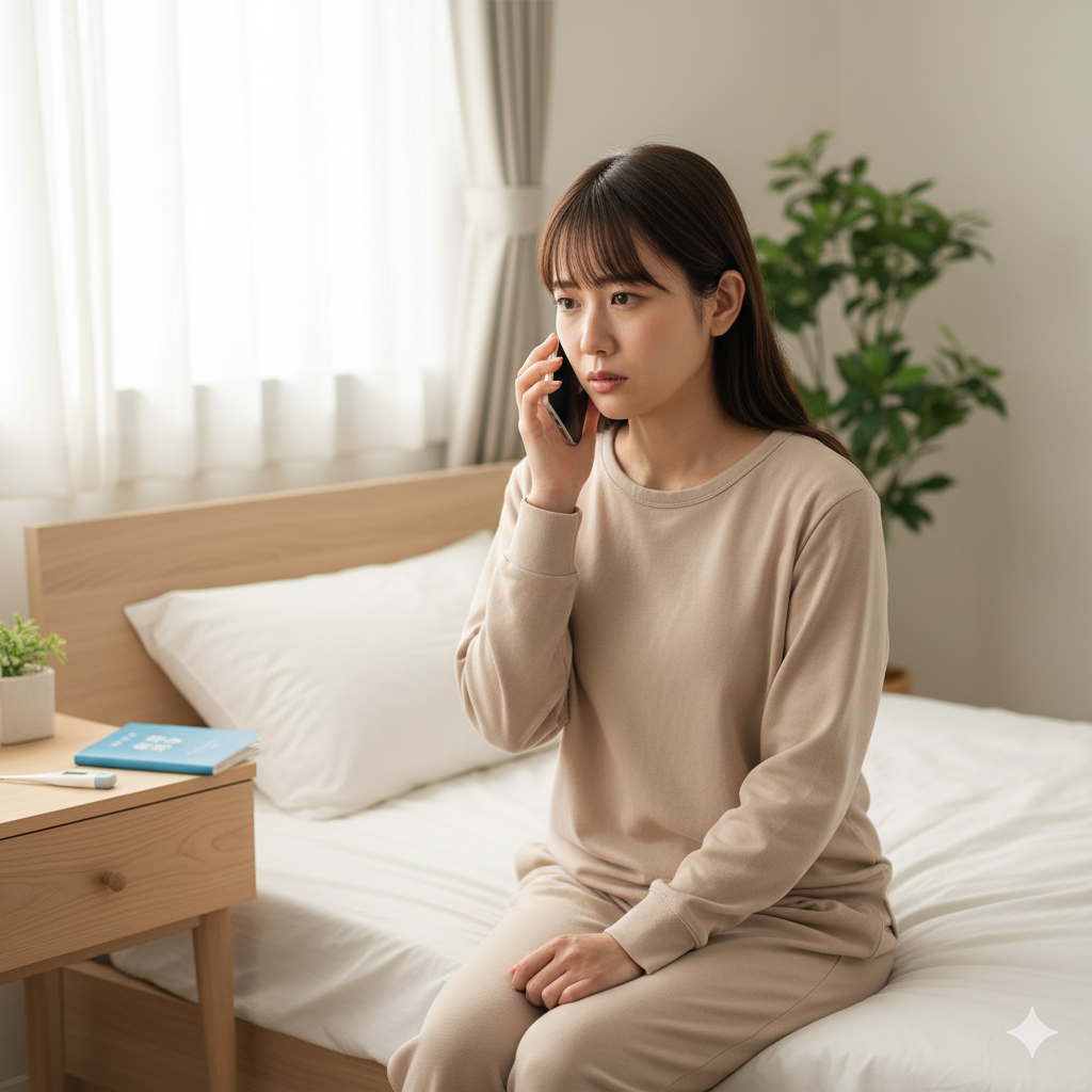 産後の母親が悪露の異常に気づき、体温計を手に病院へ相談しようとしている様子。