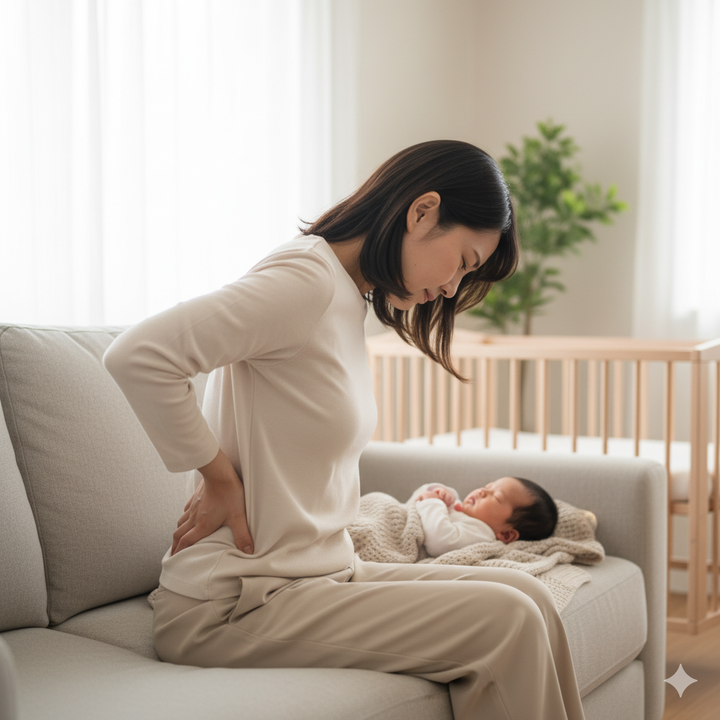 授乳後にソファで腰をかがめ、尾てい骨の痛みに手を当てる産後の日本人女性。リビングに自然光が入り、育児中の疲労を感じさせるリアルな情景。