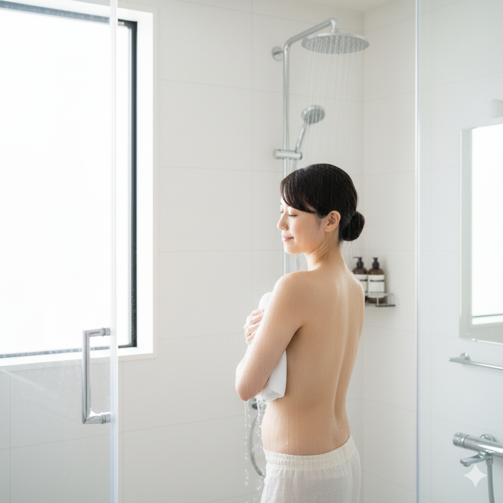 出産後の日本人女性が自宅のバスルームで短時間のシャワーを浴びている様子。ぬるめのお湯を使い、体調に気をつけながら清潔を保つイメージ。