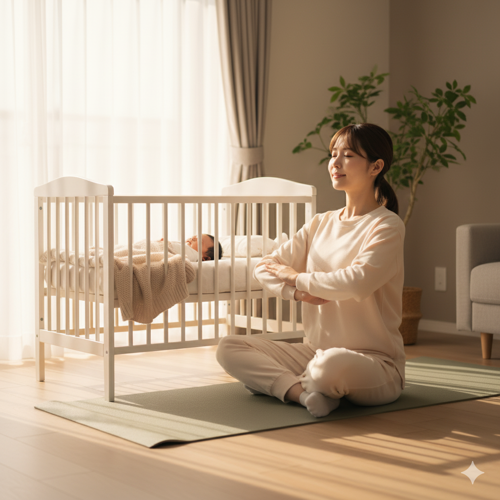 自宅で深呼吸とストレッチを行う産後の女性。朝の光が差し込み、隣で赤ちゃんが眠っている穏やかなシーン。
