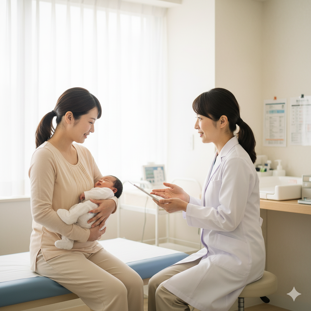 赤ちゃんを抱えながら産後の抜け毛について医師に相談する日本人女性