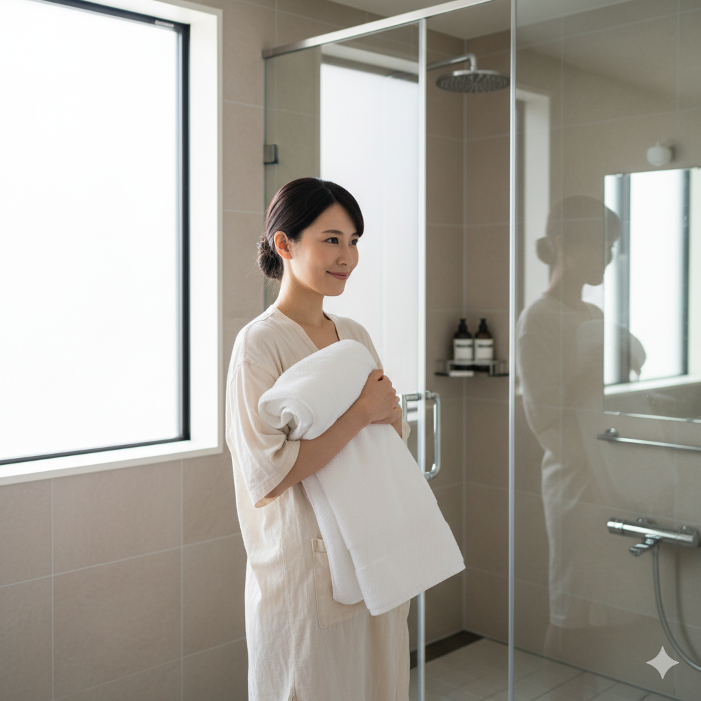 産後の日本人女性が自宅のバスルームでシャワーを浴びる前にタオルを手に微笑む様子。柔らかい光が差し込み、清潔感と安心感のある雰囲気。産後シャワーのタイミングや注意点を紹介するコラムのイメージ画像。