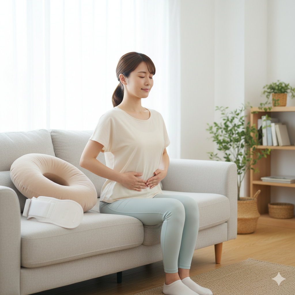 産後の女性が明るいリビングで腹式呼吸による骨盤ケアを行っている様子