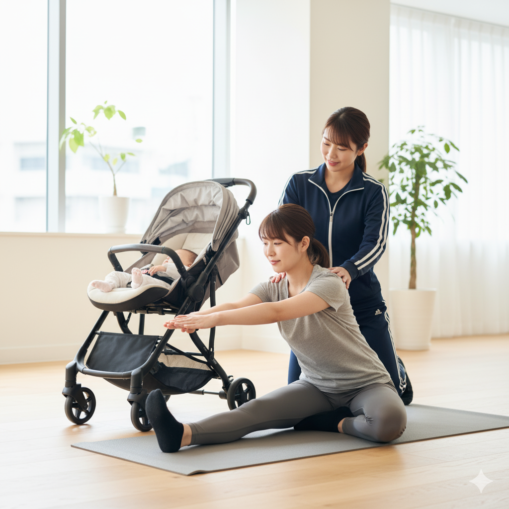 パーソナルトレーナーのサポートを受けながら運動する産後の日本人女性