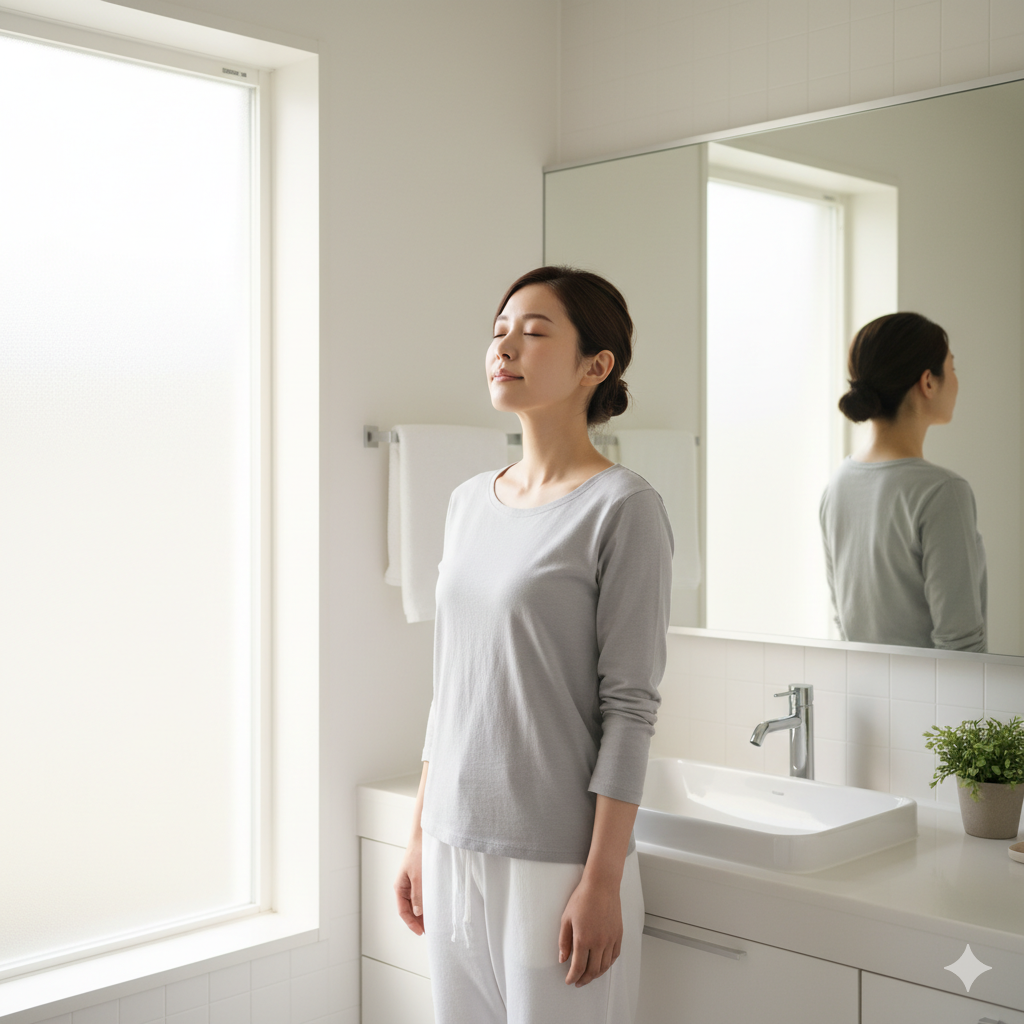 産後のママが洗面所で落ち着いて深呼吸している様子。出産後の体調回復をイメージした清潔感ある写真。