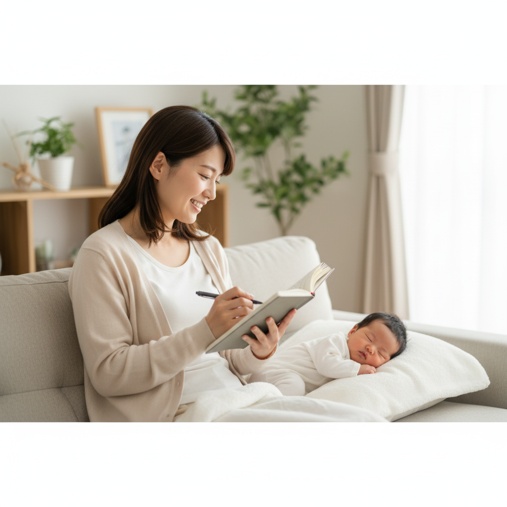 産後のママが注意点を書き出しながら赤ちゃんを見守る姿。安心感と前向きな雰囲気を感じるシーン。