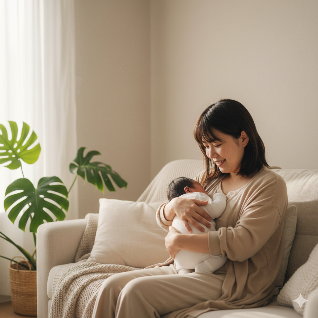 産後の日本人女性が赤ちゃんを抱きながら涙ぐむ様子。柔らかな光が差す室内で、繊細な感情を表現したリアルなイメージ。