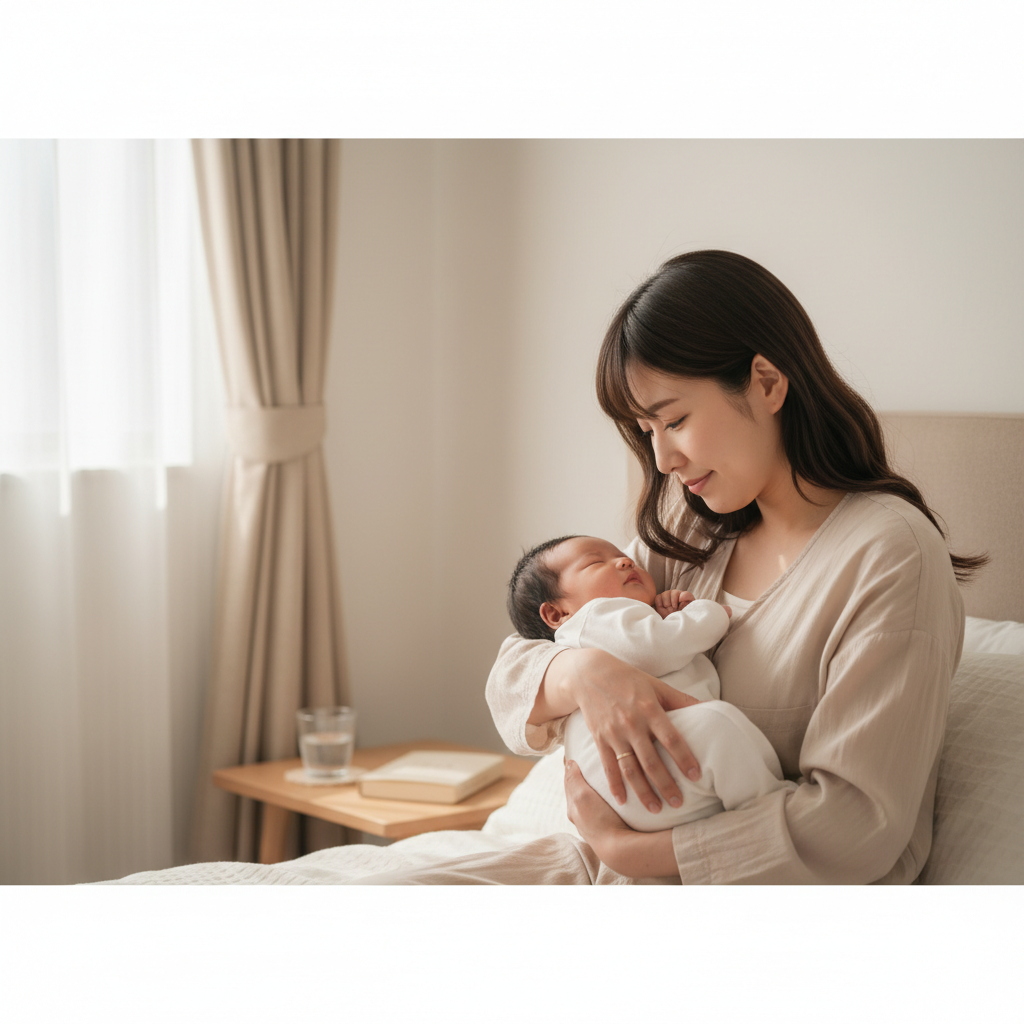 産後のママが赤ちゃんを優しく抱きながら休息している様子。悪露や産後ケアをテーマにした安心感と清潔感のある写真。