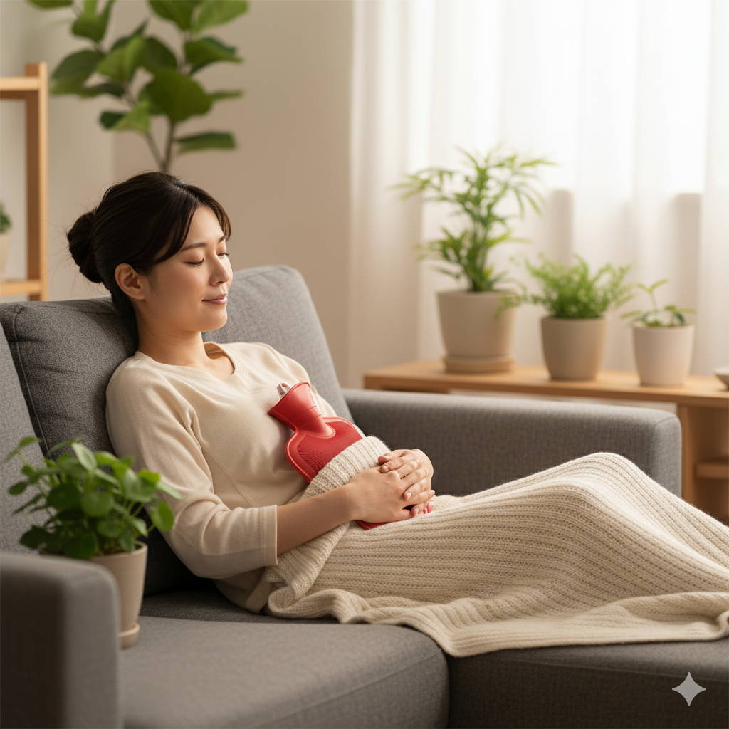 産後の女性がリビングでお腹に湯たんぽを当てながら横になって休んでいる様子。後陣痛ケアを実践しているリアルな写真。