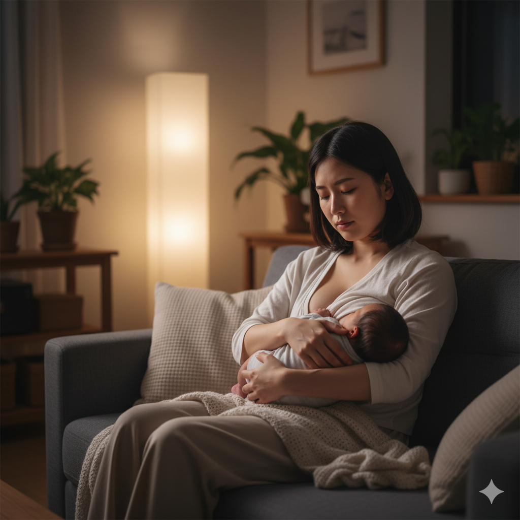 授乳後にソファで赤ちゃんを抱きながら疲れた表情を見せる産後の女性。後陣痛の痛みと睡眠不足を表現したリアルな写真。