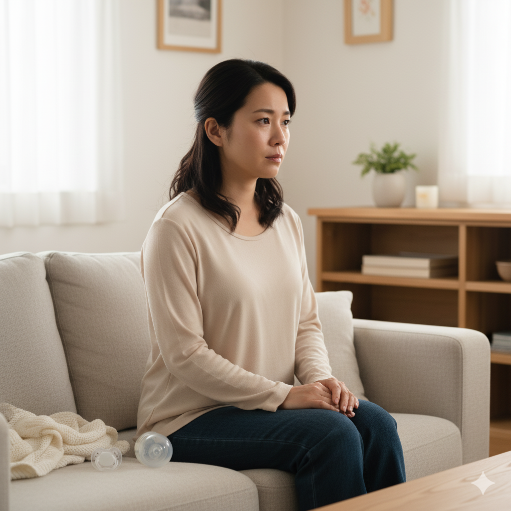 産後の日本人女性がソファに座って涙を含んだ表情で物思いにふける様子。窓からの柔らかな光に包まれた自然な室内風景。