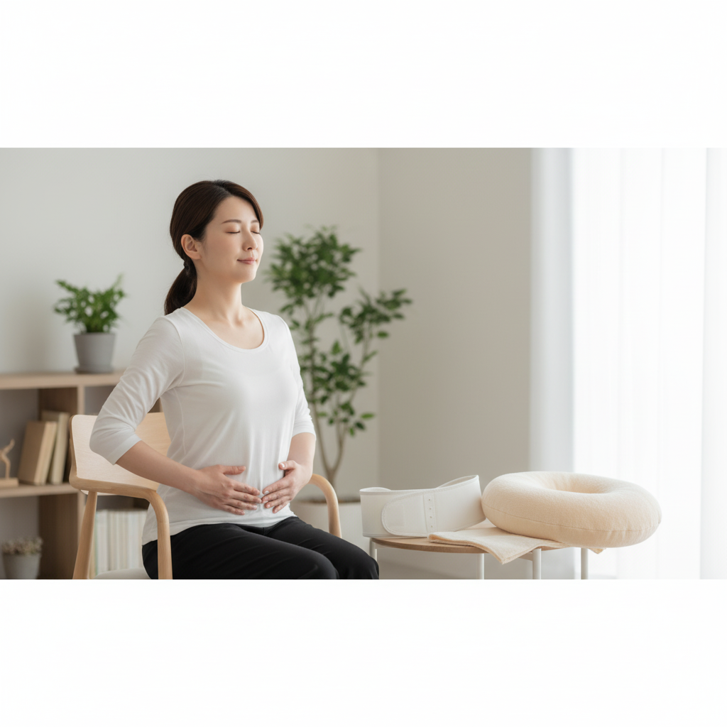 産後の女性が椅子で姿勢を整え、腹式呼吸で骨盤底筋のセルフケアを行っている様子