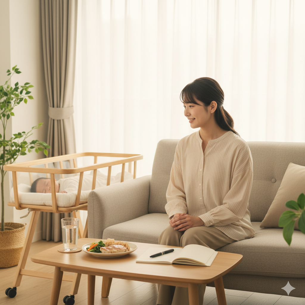 産後の母親が悪露ケアのために休息を取り、食事や水分補給に気をつけながら赤ちゃんを見守っている様子。