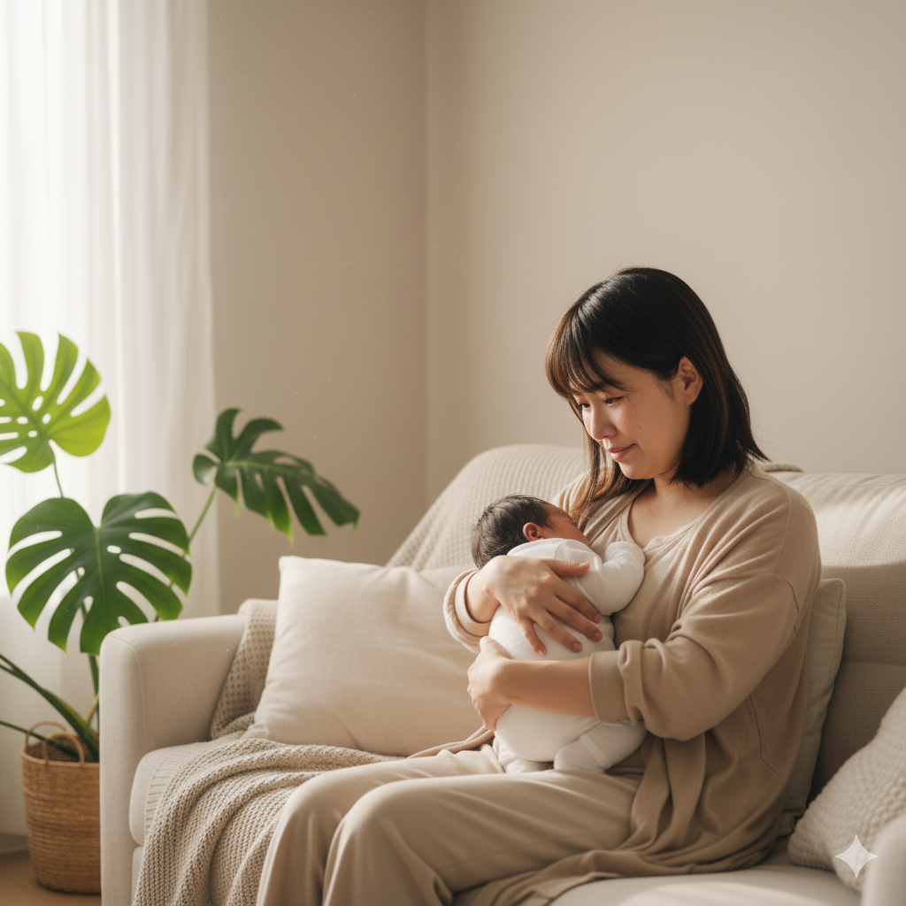 産後のママが赤ちゃんを抱きながら微笑む様子。自然光が差す穏やかな室内で、母性と安らぎを感じる情景。