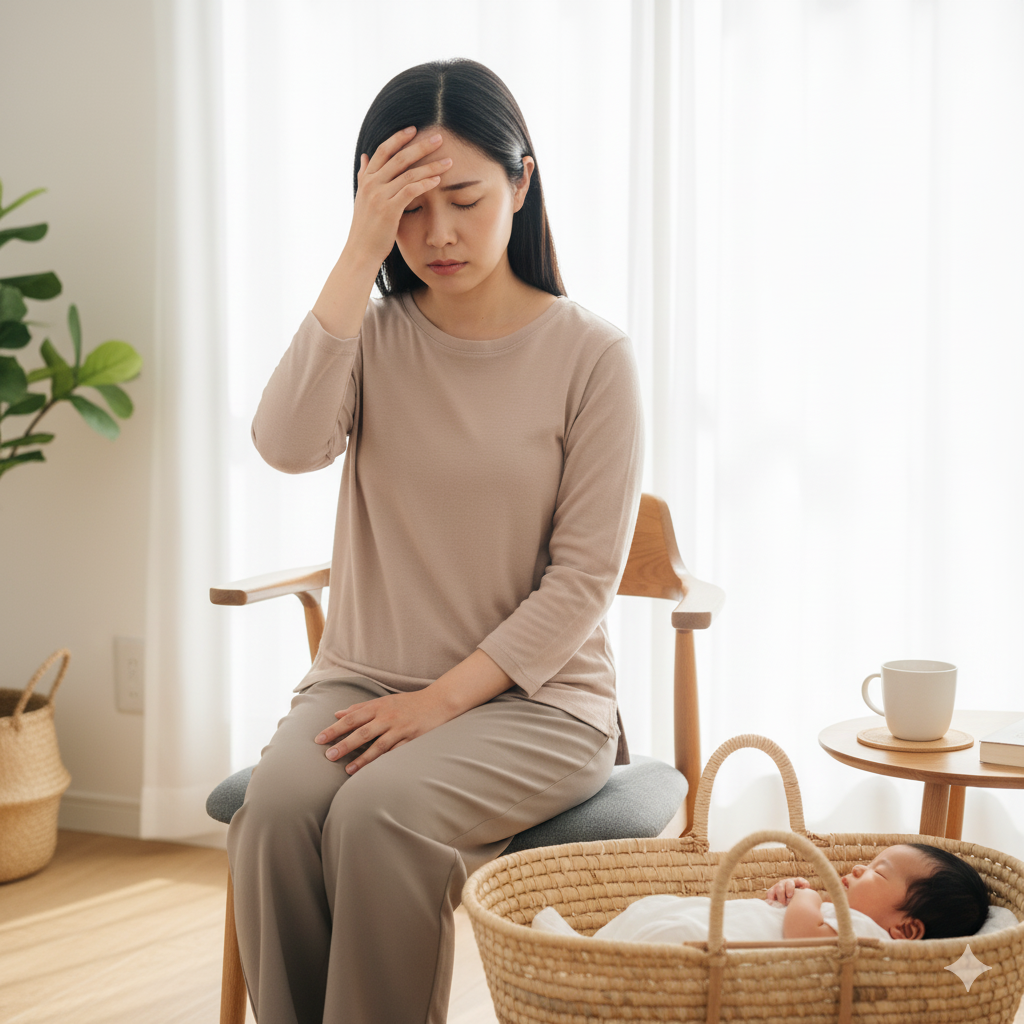 椅子に座り疲れた様子で額に手を当てる日本人の産後ママの写真