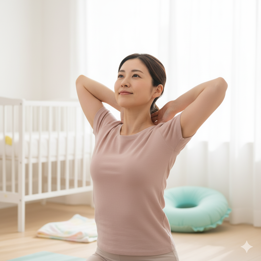 産後のママが肩回しや胸を開くストレッチをして肩こりをケアしている様子のリアル写真風イメージ
