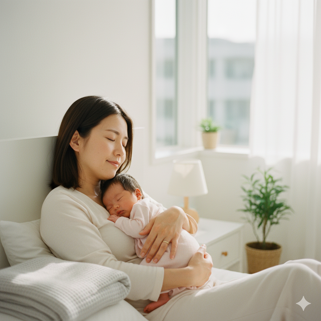 産後のママが赤ちゃんを抱きながら眠る様子。優しい朝の光に包まれ、安心した表情で休息を取っている。